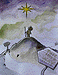 tiny painting of a boy on a hill looking up at a star