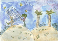 student watercolor painting of a person putting a cage over a rabbit. They are on brown hills with two trees